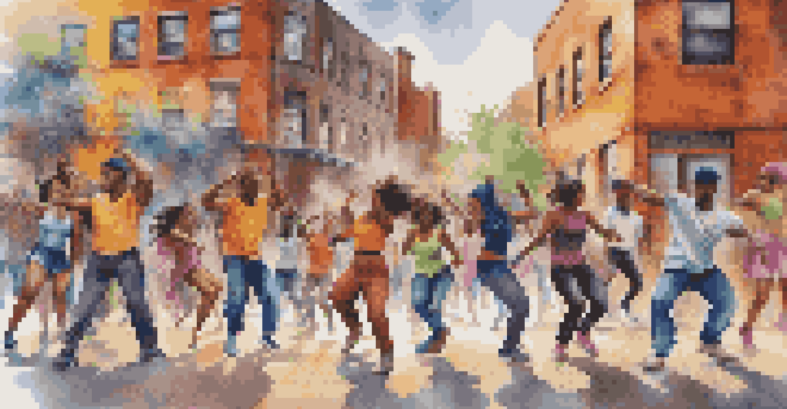 A diverse group of hip-hop dancers performing in front of colorful graffiti in an urban setting.