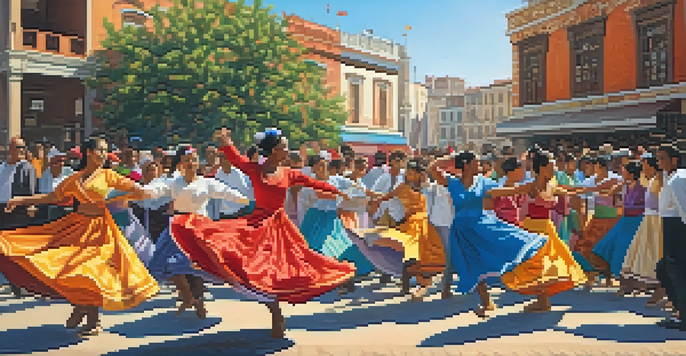 A lively street scene with a diverse group of dancers in traditional clothes performing in a public square, with colorful murals in the background and an enthusiastic crowd watching.
