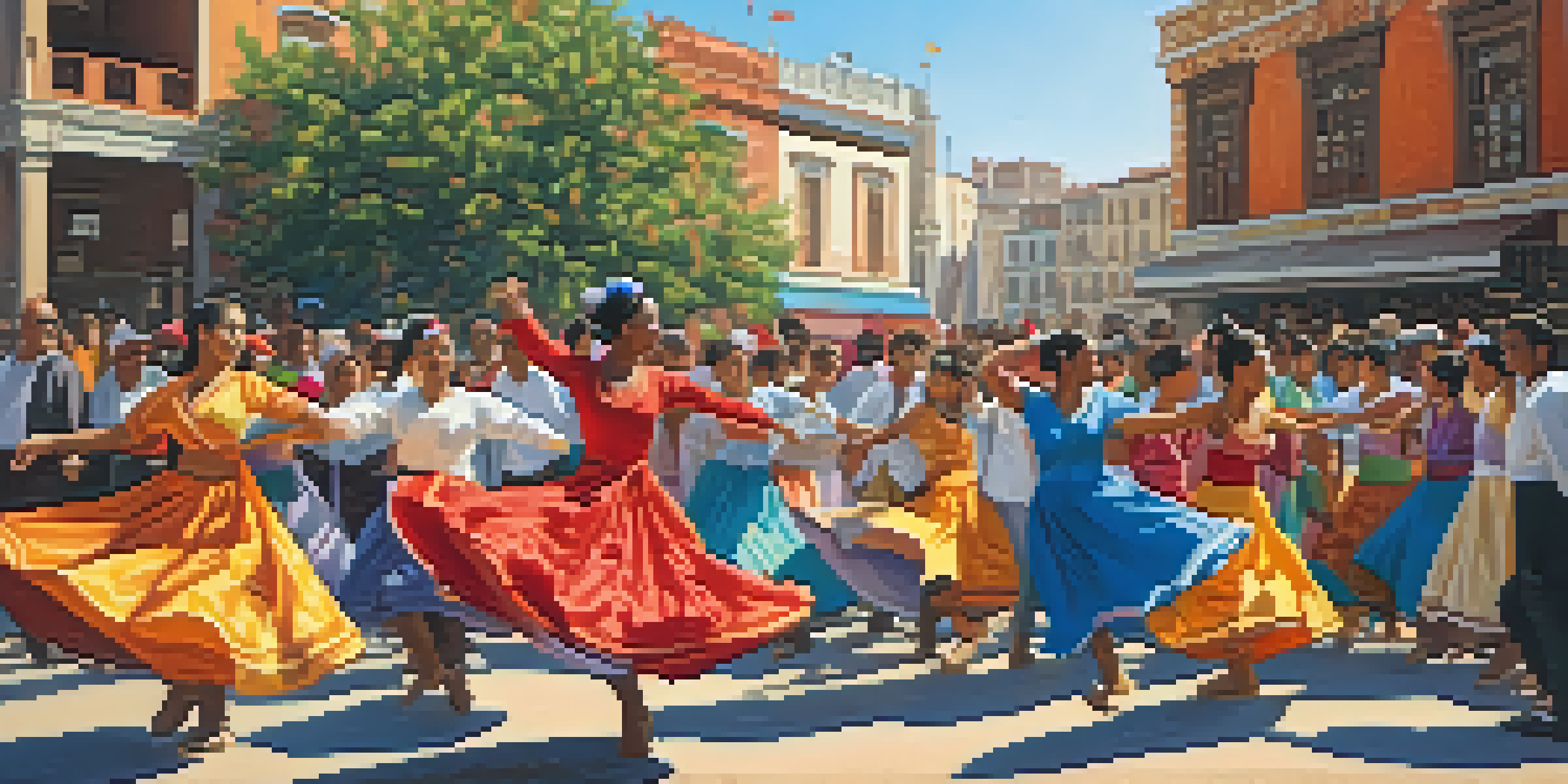 A lively street scene with a diverse group of dancers in traditional clothes performing in a public square, with colorful murals in the background and an enthusiastic crowd watching.