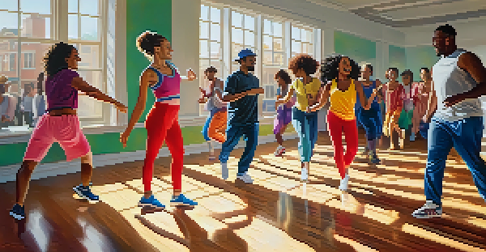 A diverse group of people dancing joyfully in a brightly lit studio with sunlight streaming through the windows.