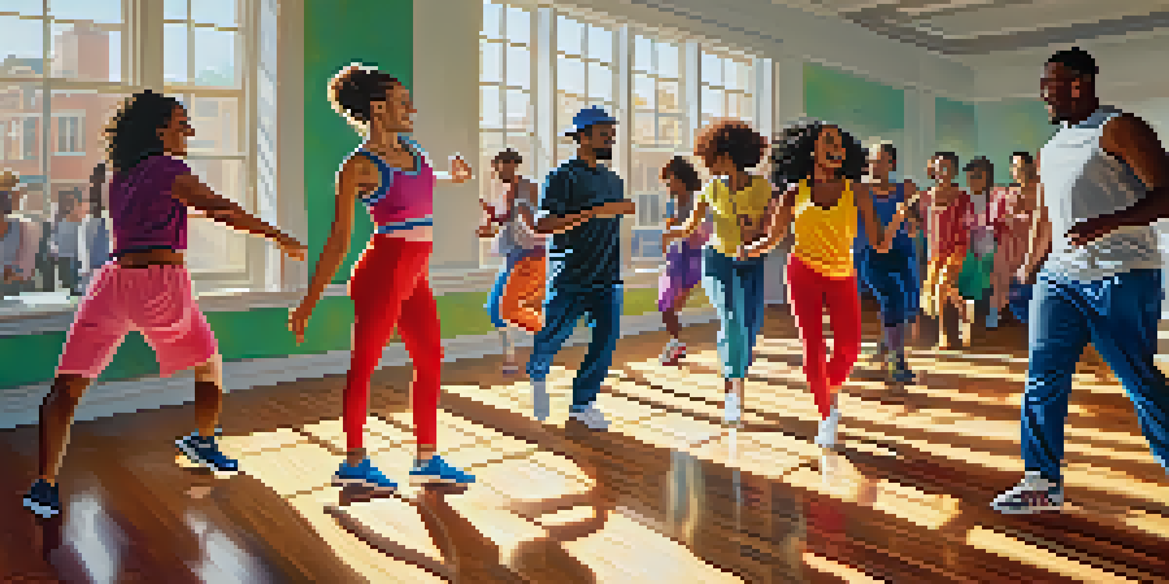 A diverse group of people dancing joyfully in a brightly lit studio with sunlight streaming through the windows.