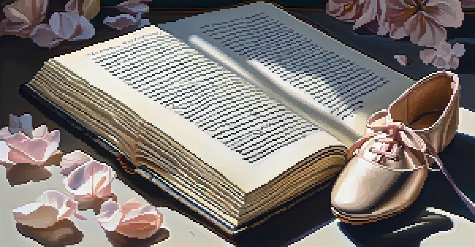 An open poetry book with handwritten verses, surrounded by petals and ballet shoes, illuminated by warm natural light, symbolizing the connection between poetry and dance.