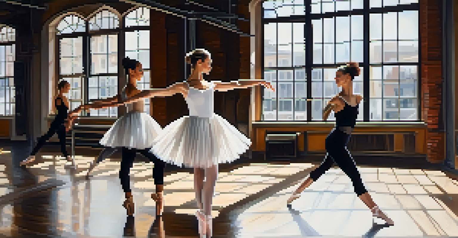 A ballet dancer in a tutu and a street dancer in casual clothes collaborating in a bright studio with mirrors.