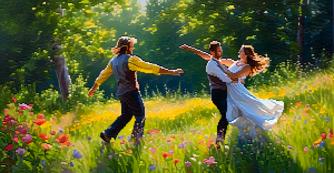 A couple dancing joyfully in a sunlit meadow surrounded by blooming wildflowers, with sunlight creating a dappled effect.