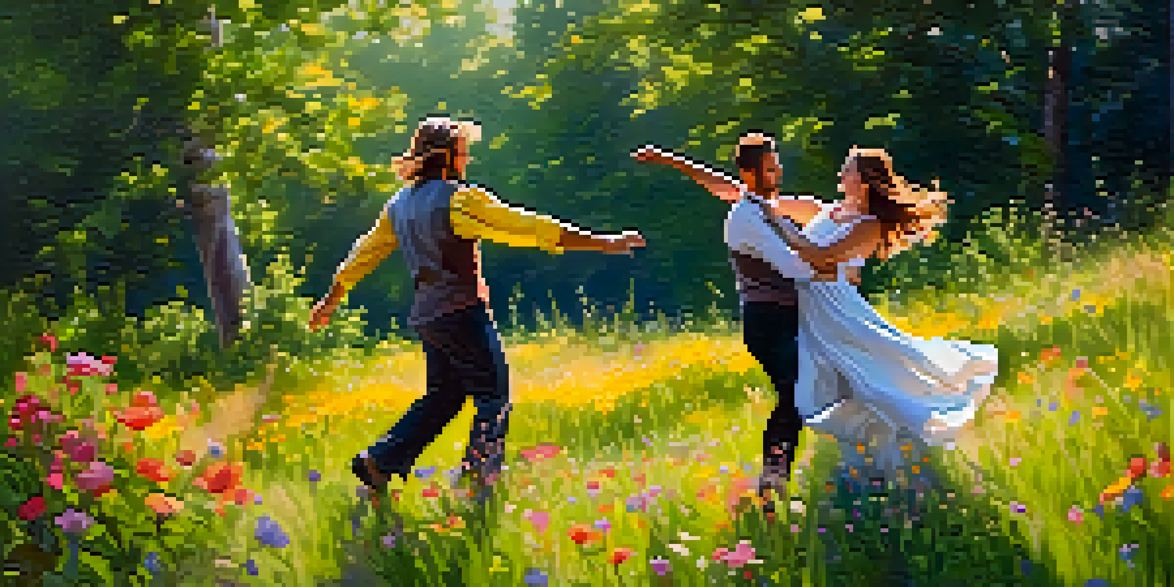 A couple dancing joyfully in a sunlit meadow surrounded by blooming wildflowers, with sunlight creating a dappled effect.