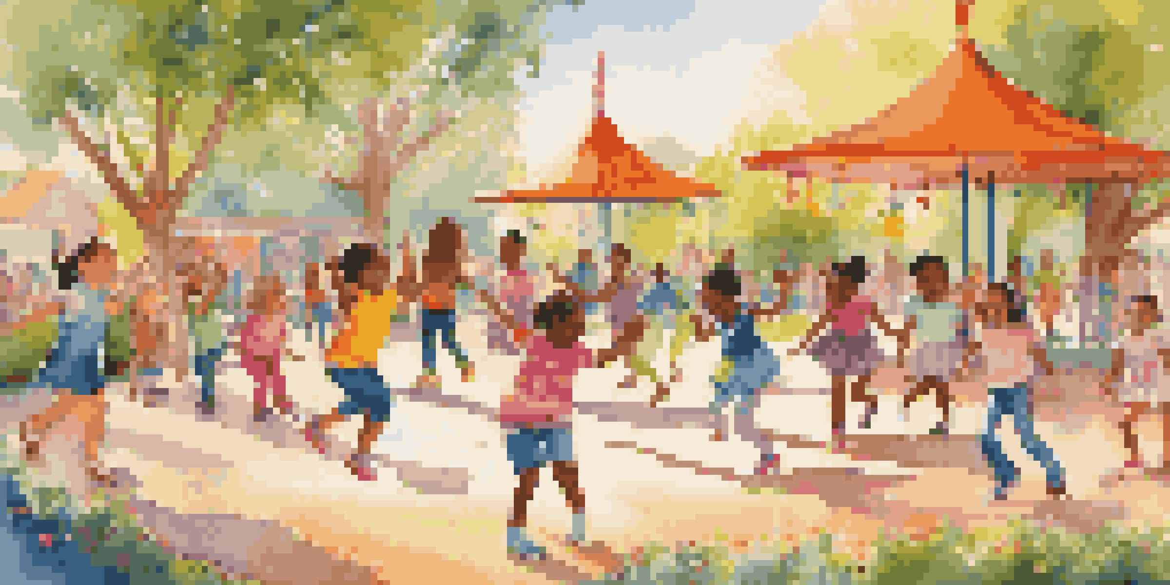 A diverse group of children dancing joyfully in a colorful playground under the sunlight, with swings and flowers in the background.