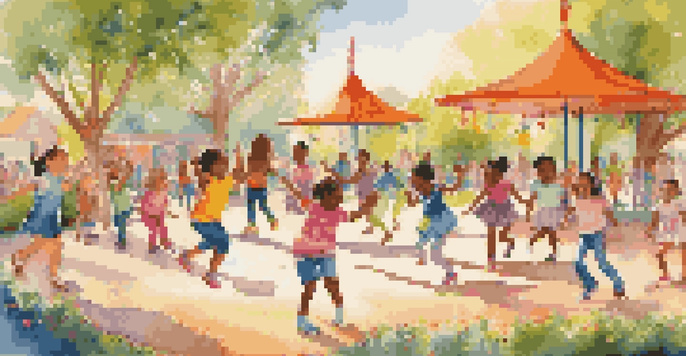 A diverse group of children dancing joyfully in a colorful playground under the sunlight, with swings and flowers in the background.