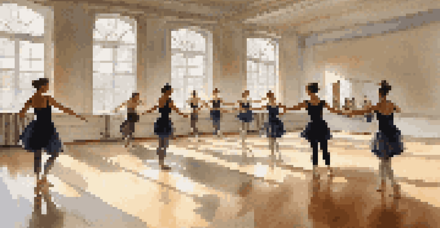 A choreographer guiding dancers in a bright studio with mirrors and natural light.