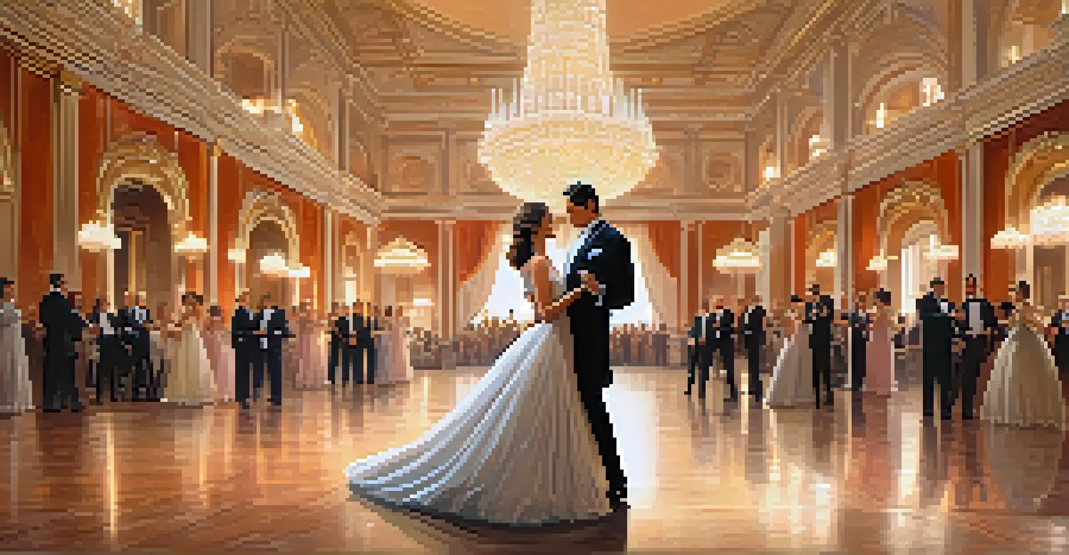 An elegant couple waltzing in a beautifully decorated ballroom.
