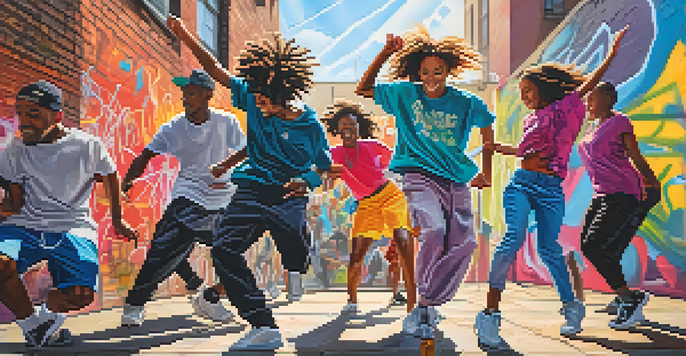 A group of dancers in colorful streetwear performing energetically against a graffiti wall in an urban setting.