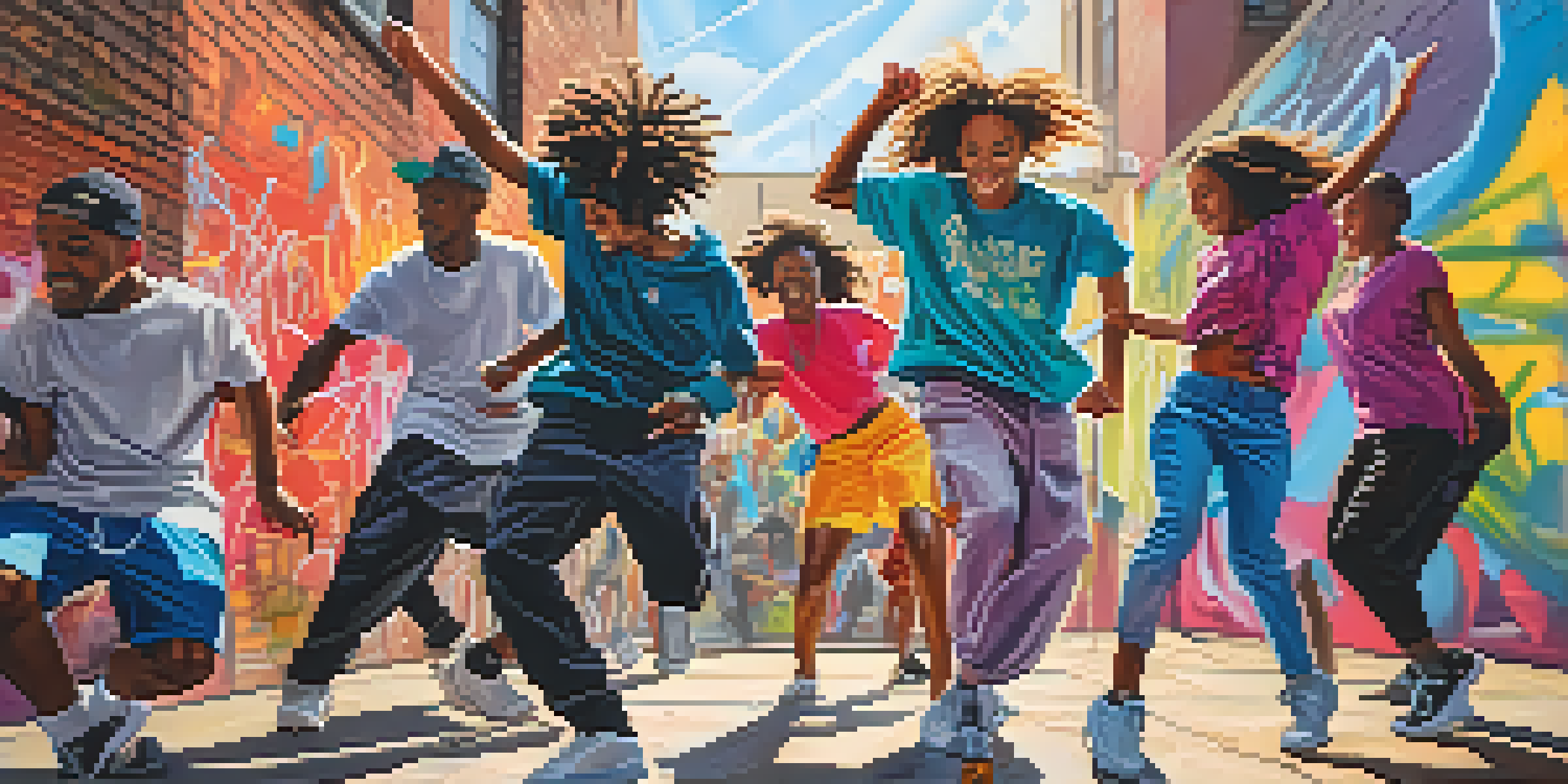 A group of dancers in colorful streetwear performing energetically against a graffiti wall in an urban setting.
