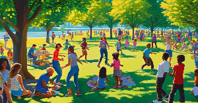 A lively community park where families gather, children play, and a group of people dance, capturing the essence of joy and togetherness.