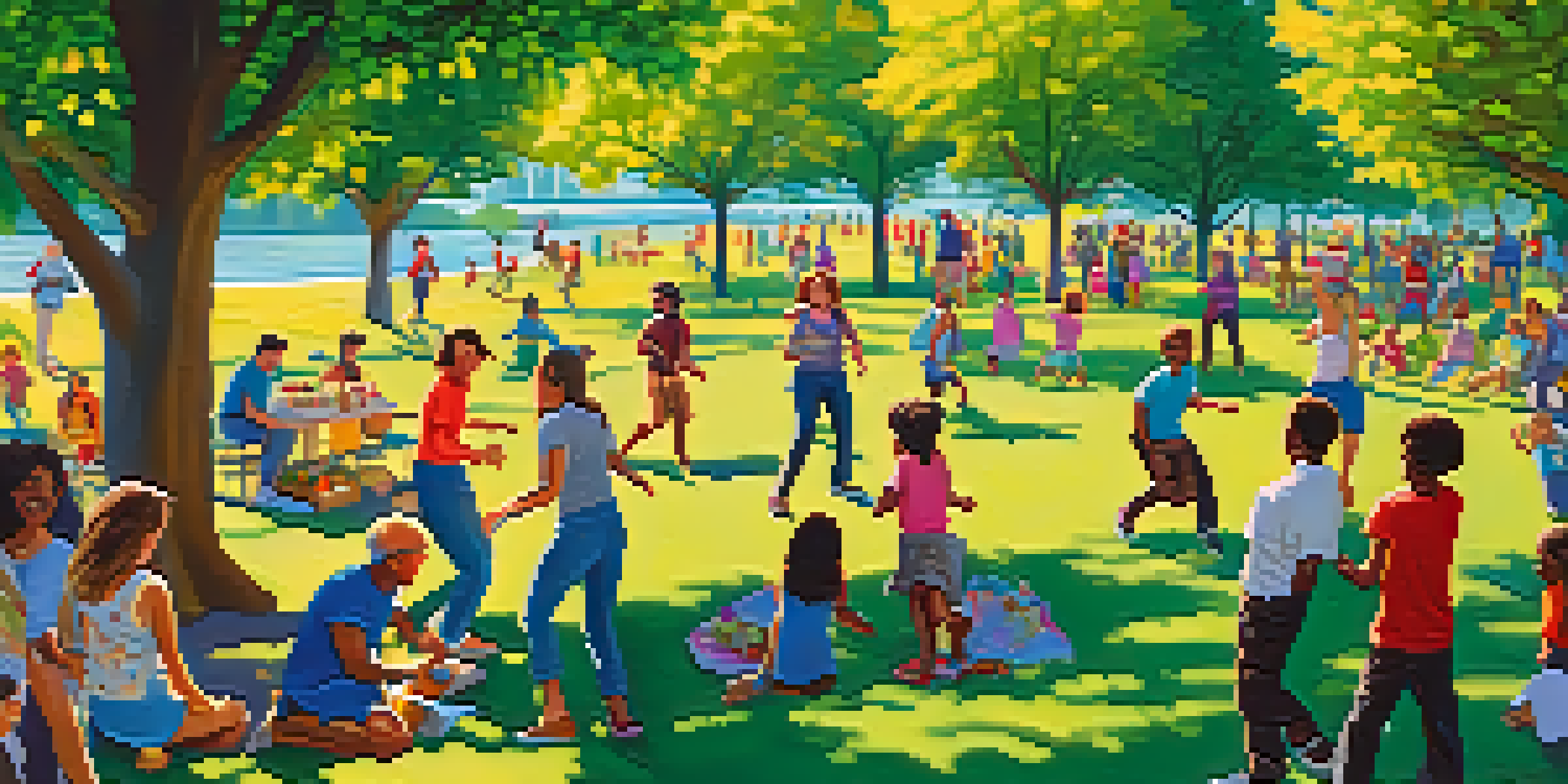 A lively community park where families gather, children play, and a group of people dance, capturing the essence of joy and togetherness.