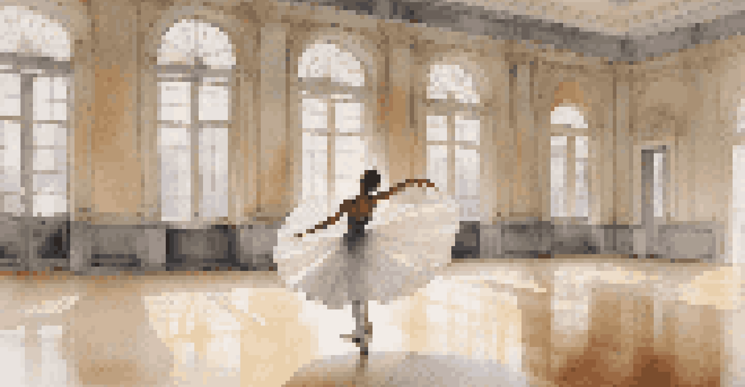 A contemporary dancer rehearsing alone in a sunlit room with mirrors, wearing a flowing costume and surrounded by natural light.