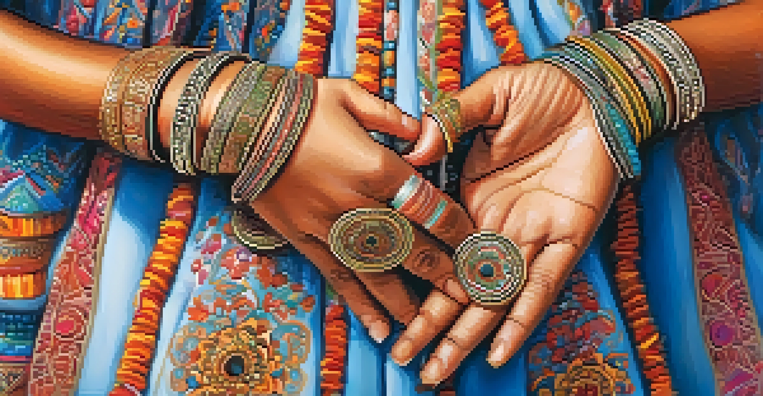 A close-up of hands adorned with bangles and henna moving gracefully in a traditional folk dance.