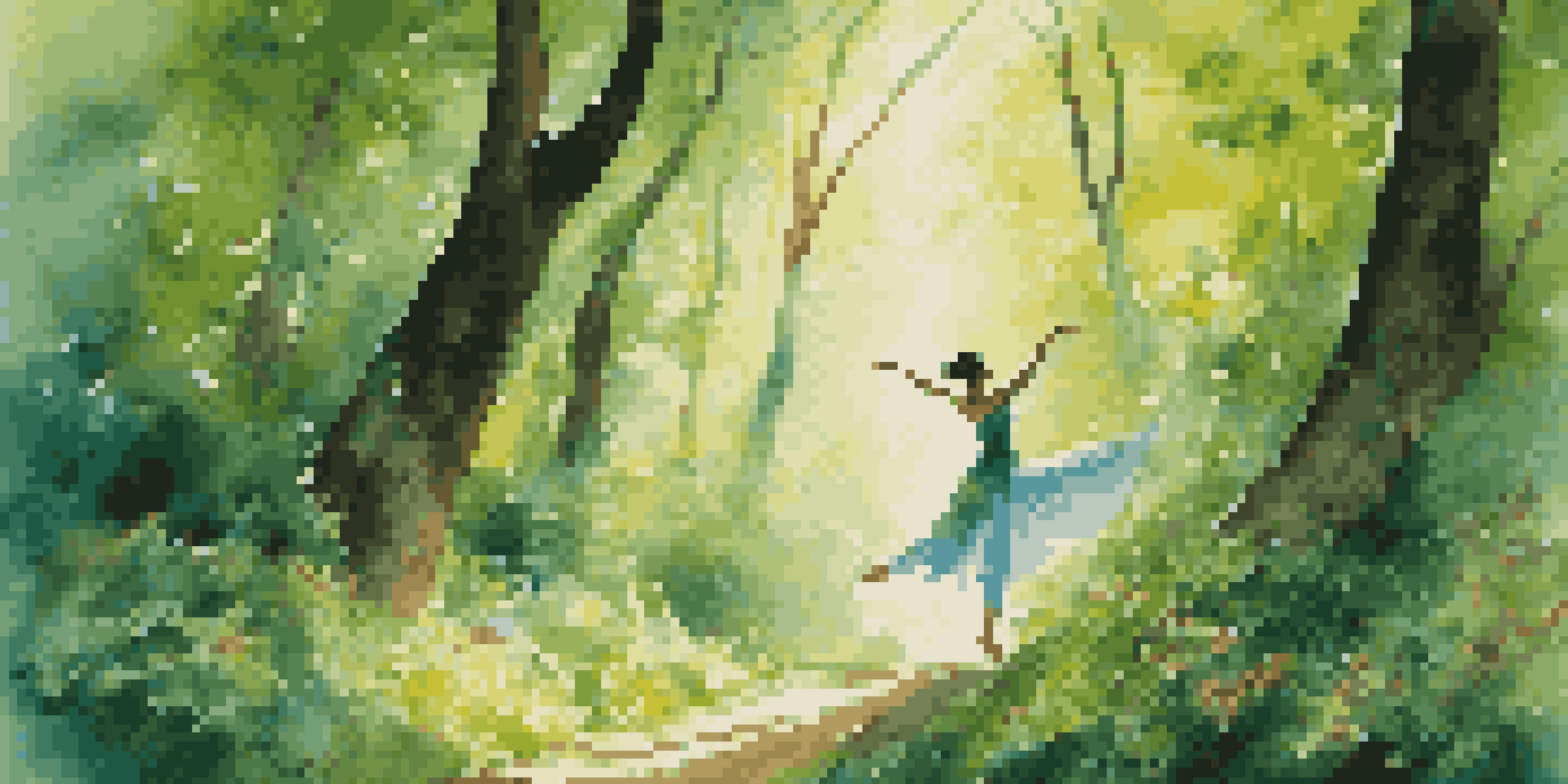 A dancer in a green forest, moving gracefully like trees swaying in the wind, with sunlight filtering through the leaves.