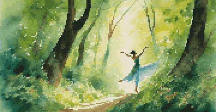 A dancer in a green forest, moving gracefully like trees swaying in the wind, with sunlight filtering through the leaves.