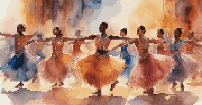 A diverse group of dancers in colorful costumes performing on stage, representing various dance styles and cultural backgrounds.