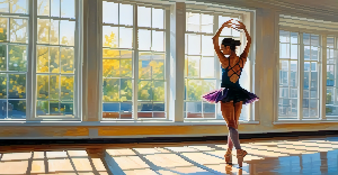 A dancer performing a high kick in a bright studio filled with sunlight and mirrors, demonstrating strength and flexibility.