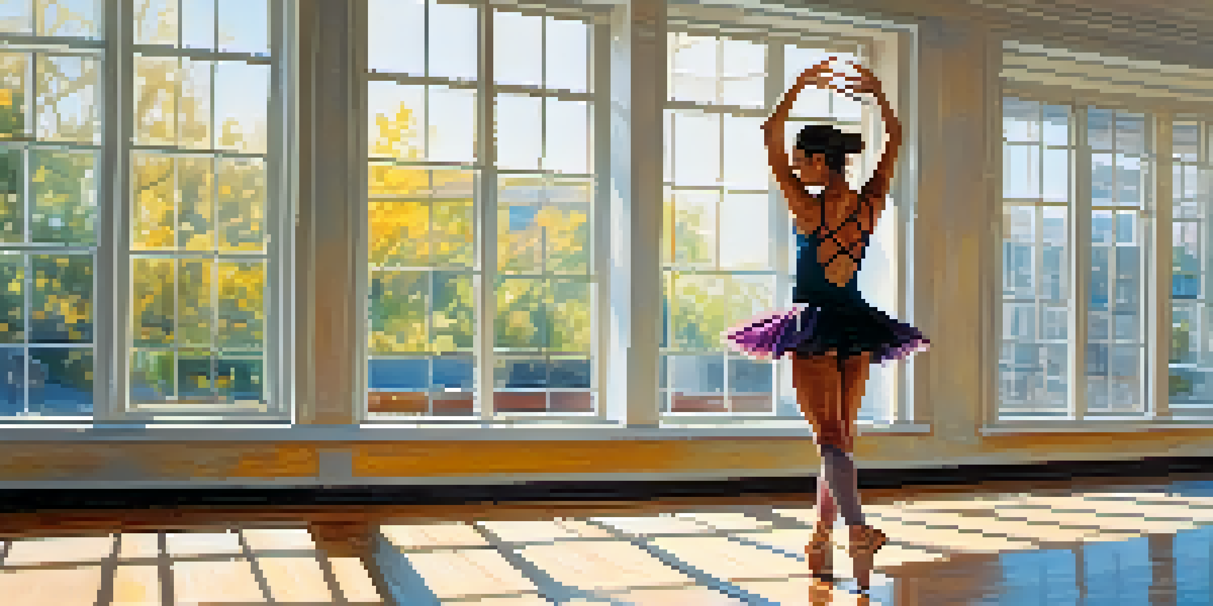 A dancer performing a high kick in a bright studio filled with sunlight and mirrors, demonstrating strength and flexibility.