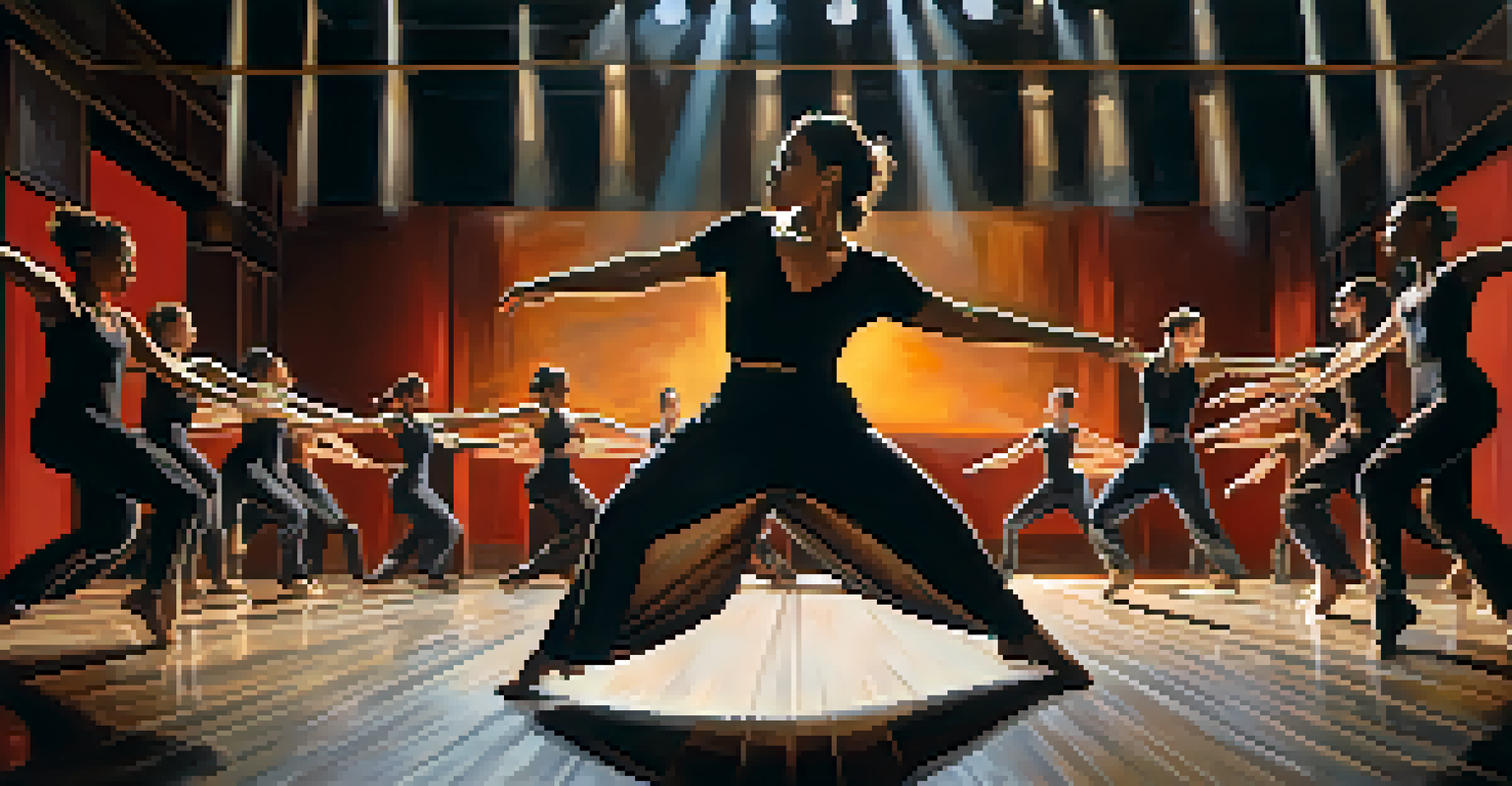 A contemporary dance performance in a theater, featuring diverse dancers in dynamic poses, illuminated by warm lighting, expressing themes of empowerment and resilience.