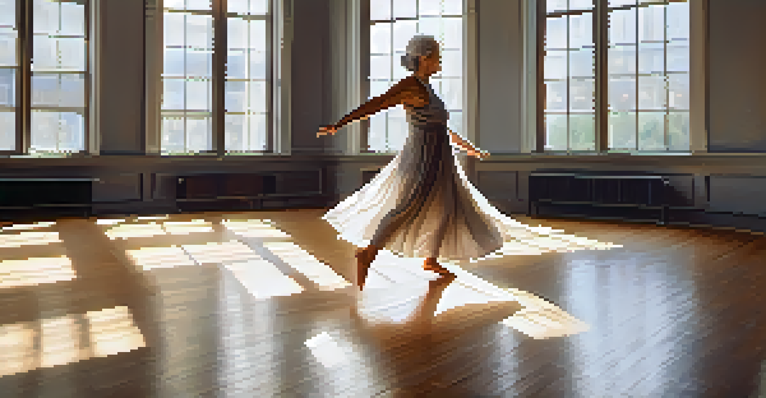 An older woman engaging in a serene modern dance session in a sunlit studio.