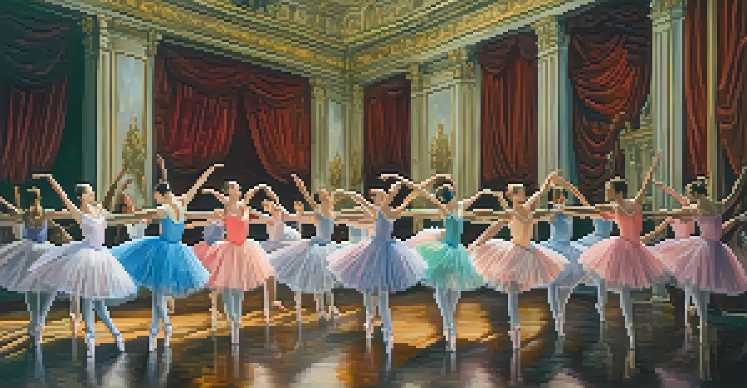 Multiple ballet dancers performing pirouettes on a grand stage with velvet curtains in the background.
