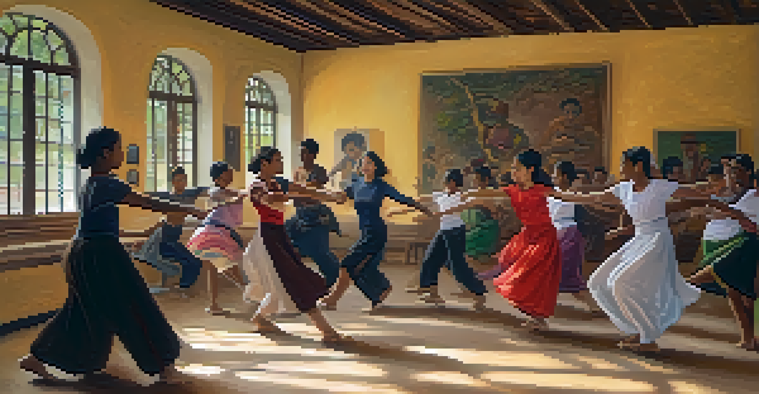 A dance workshop scene with a teacher demonstrating traditional folklore dance steps to a diverse group of enthusiastic learners in a bright room decorated with cultural artwork.