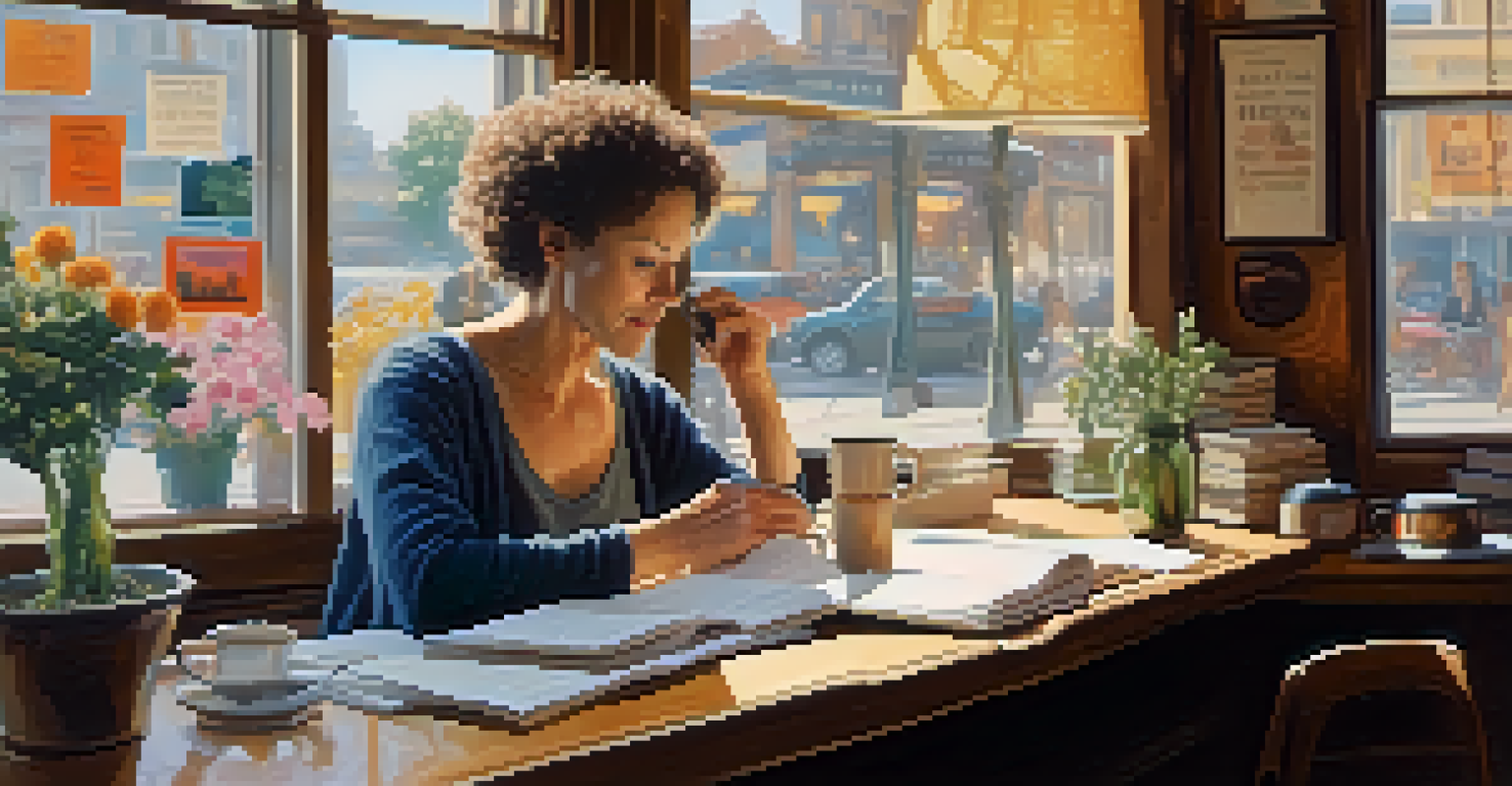 A dance critic in a café, writing notes while watching a dance video on her laptop, surrounded by dance-related materials.