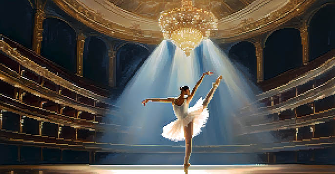 A solo ballet dancer in a white tutu performing on a grand theater stage with soft lighting.