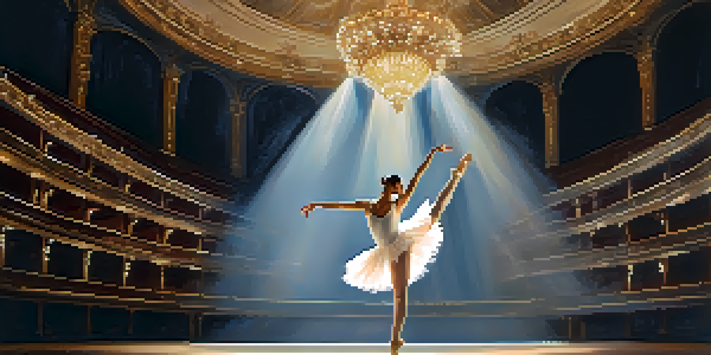 A solo ballet dancer in a white tutu performing on a grand theater stage with soft lighting.