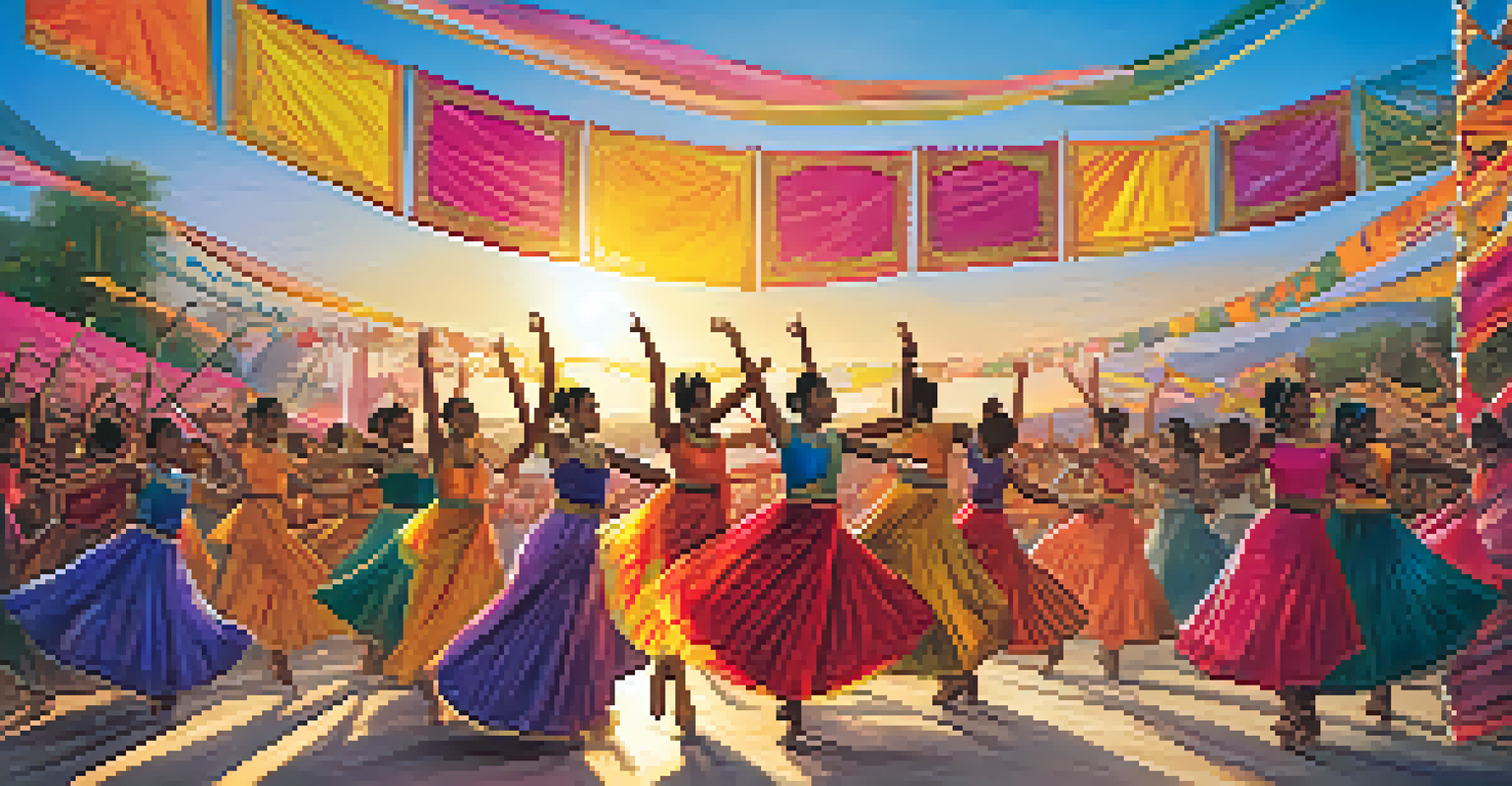 Dancers performing at a global dance festival, blending traditional ballet with cultural dance styles, under a colorful sunset.