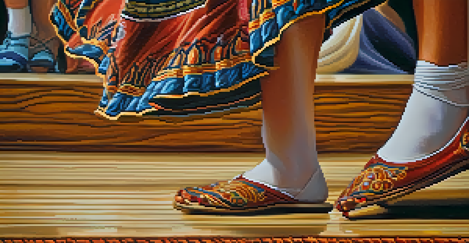 Close-up of a dancer's feet performing a traditional folk dance on a wooden stage, emphasizing the intricate details of their shoes in soft lighting.