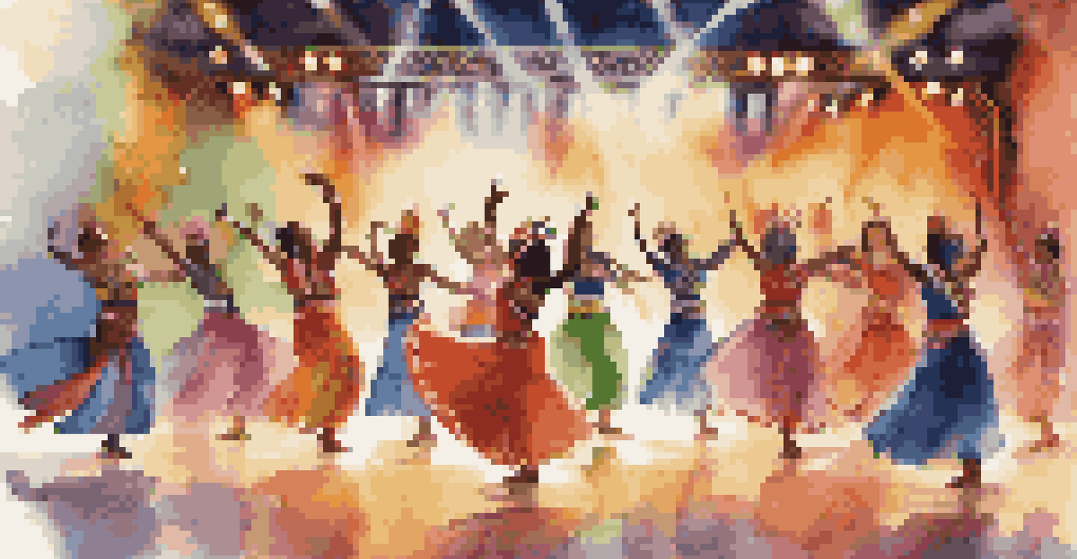 Dancers from different cultures performing together on stage, surrounded by vibrant digital art that highlights their traditional attire and movements in a celebratory atmosphere.
