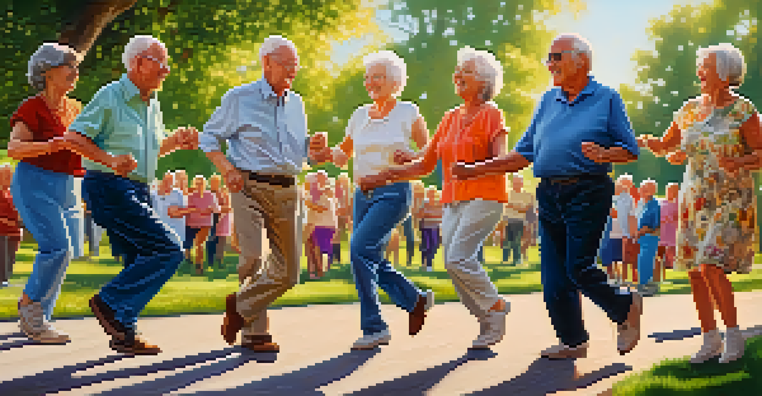 Seniors line dancing in a sunny park, surrounded by flowers and trees, with smiles on their faces.