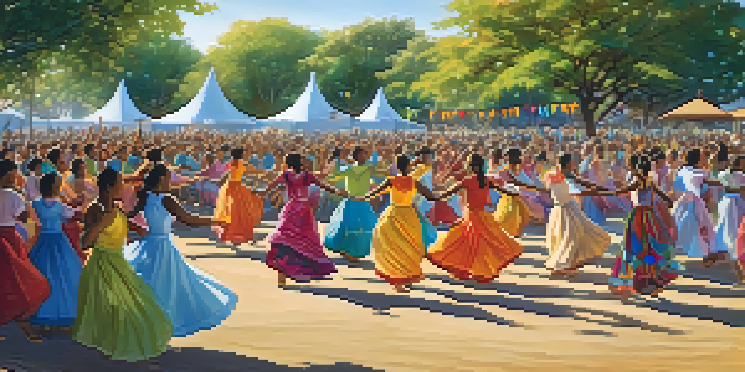 A lively community dance festival in a park with diverse participants wearing colorful costumes, dancing under a bright sky.