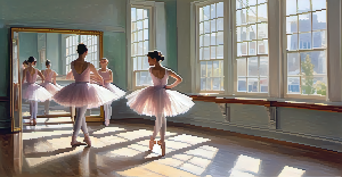 A ballet teacher demonstrating a pose in a well-lit dance studio with students practicing nearby, mirrors reflecting their movements.