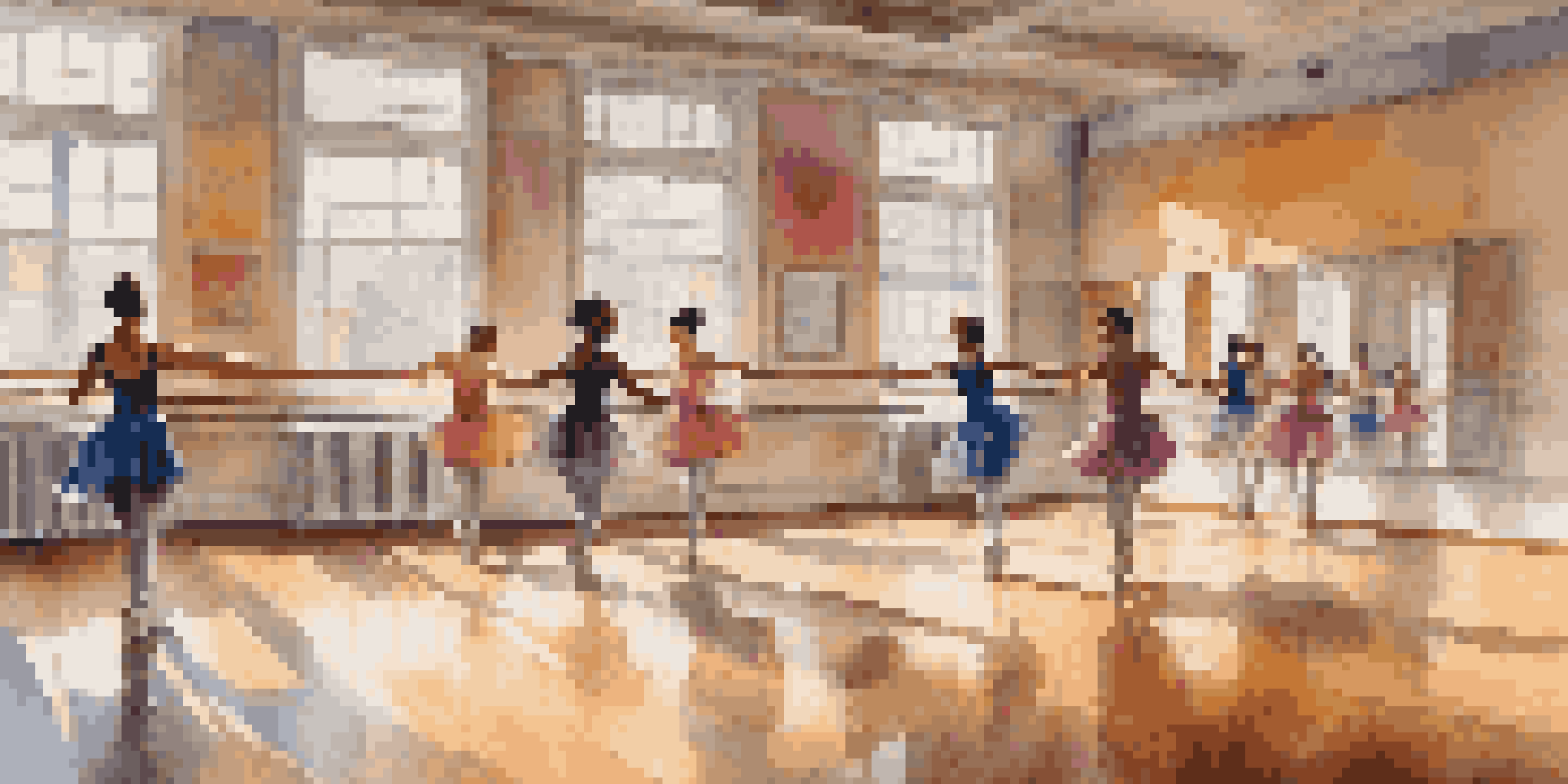 A lively dance studio with diverse dancers practicing various styles, reflecting emotions through their movements and illuminated by natural light.