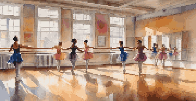 A lively dance studio with diverse dancers practicing various styles, reflecting emotions through their movements and illuminated by natural light.