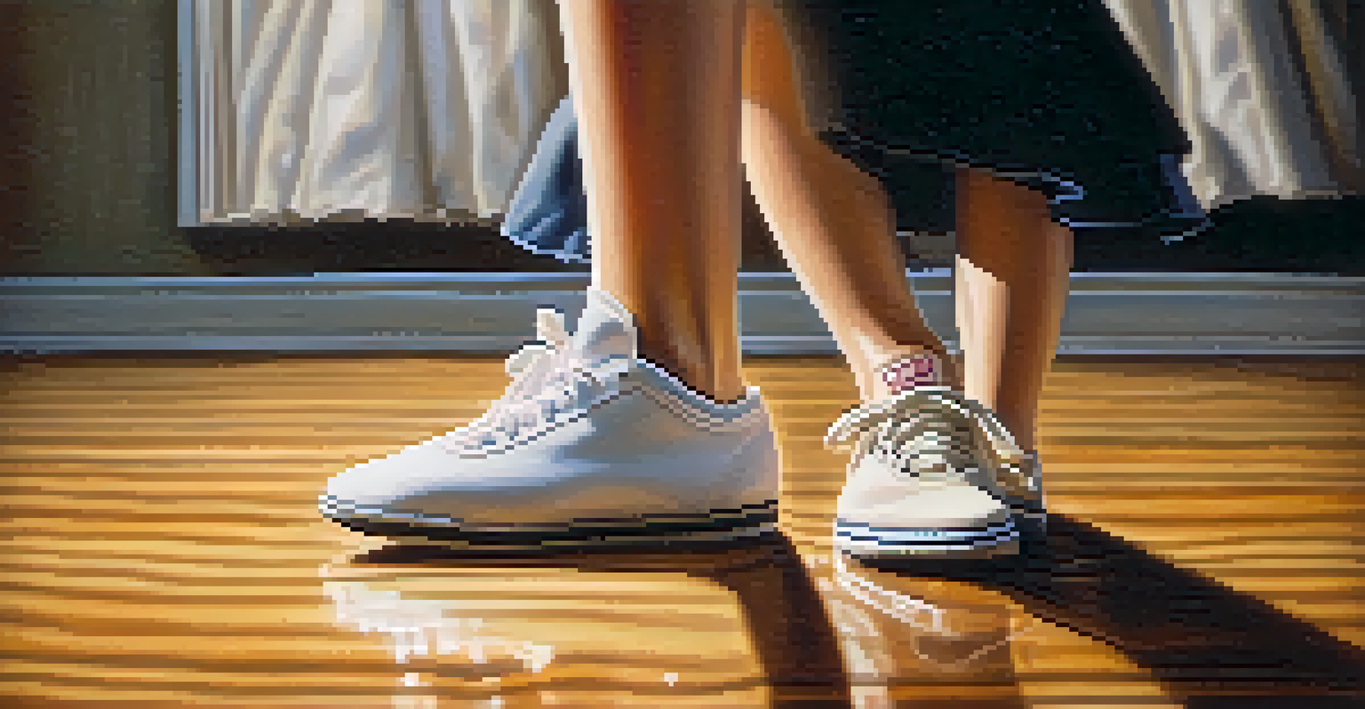 A close-up of a ballet shoe and a sneaker dancing on a polished wooden floor.