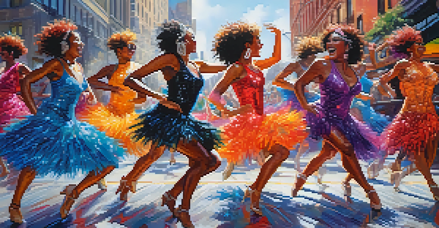 A group of jazz dancers in colorful costumes performing with energy against an urban backdrop.