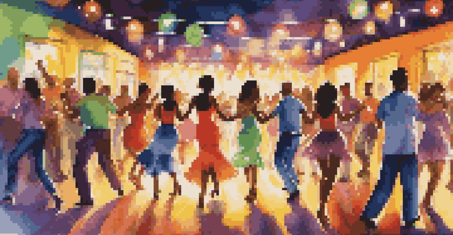A lively salsa dance party with colorful lights and dancers in vibrant outfits enjoying the rhythm together.