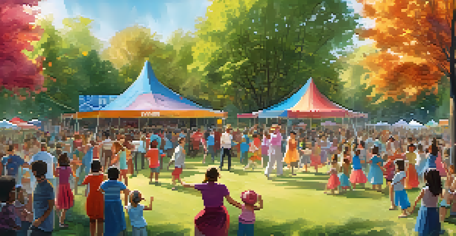 A community dance event in a park featuring families watching a performance, with colorful decorations and a lively atmosphere.