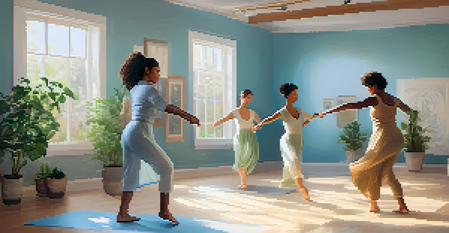 A peaceful dance therapy session in a cozy studio with participants engaged in expressive movement.