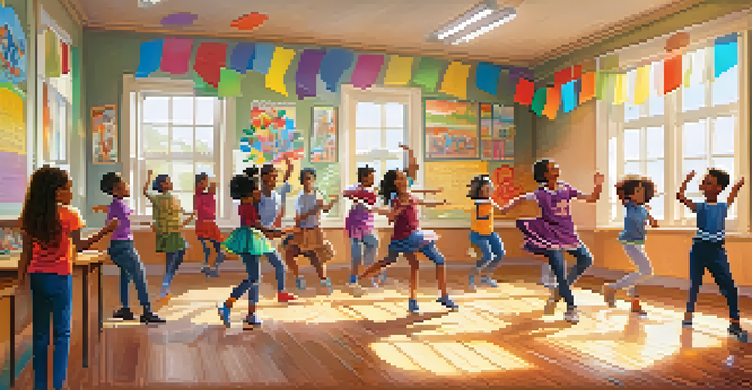 A lively classroom with diverse students dancing together, sunlight pouring in through windows.