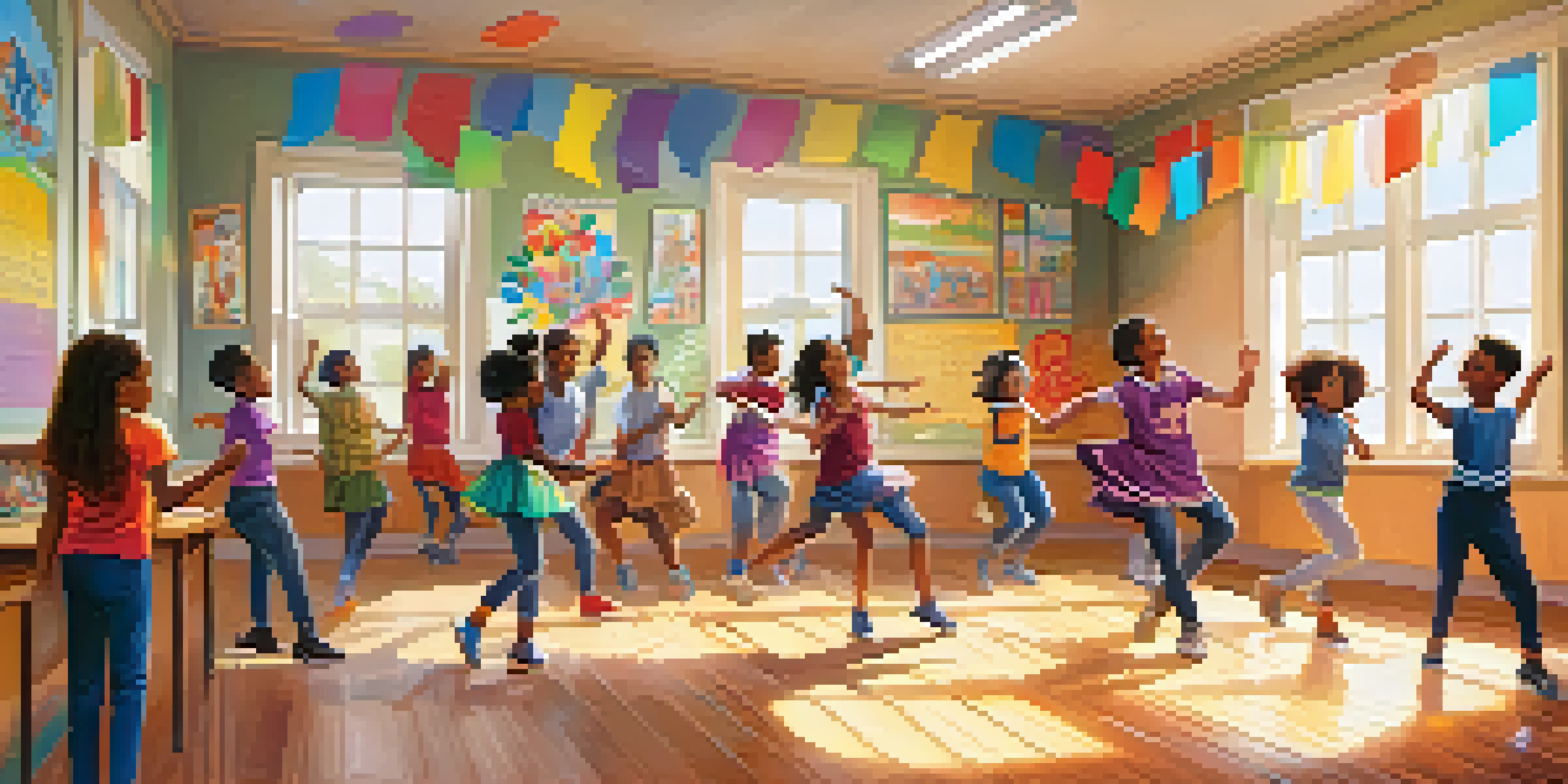 A lively classroom with diverse students dancing together, sunlight pouring in through windows.