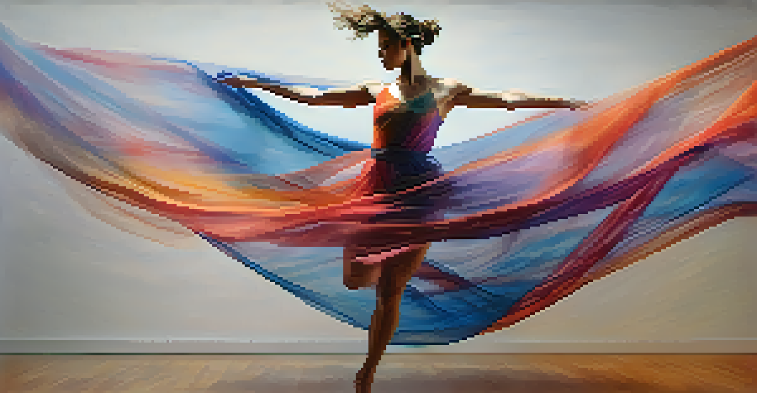 A dancer leaping with flowing fabric, surrounded by colorful abstract shapes and Benesh Movement Notation symbols.