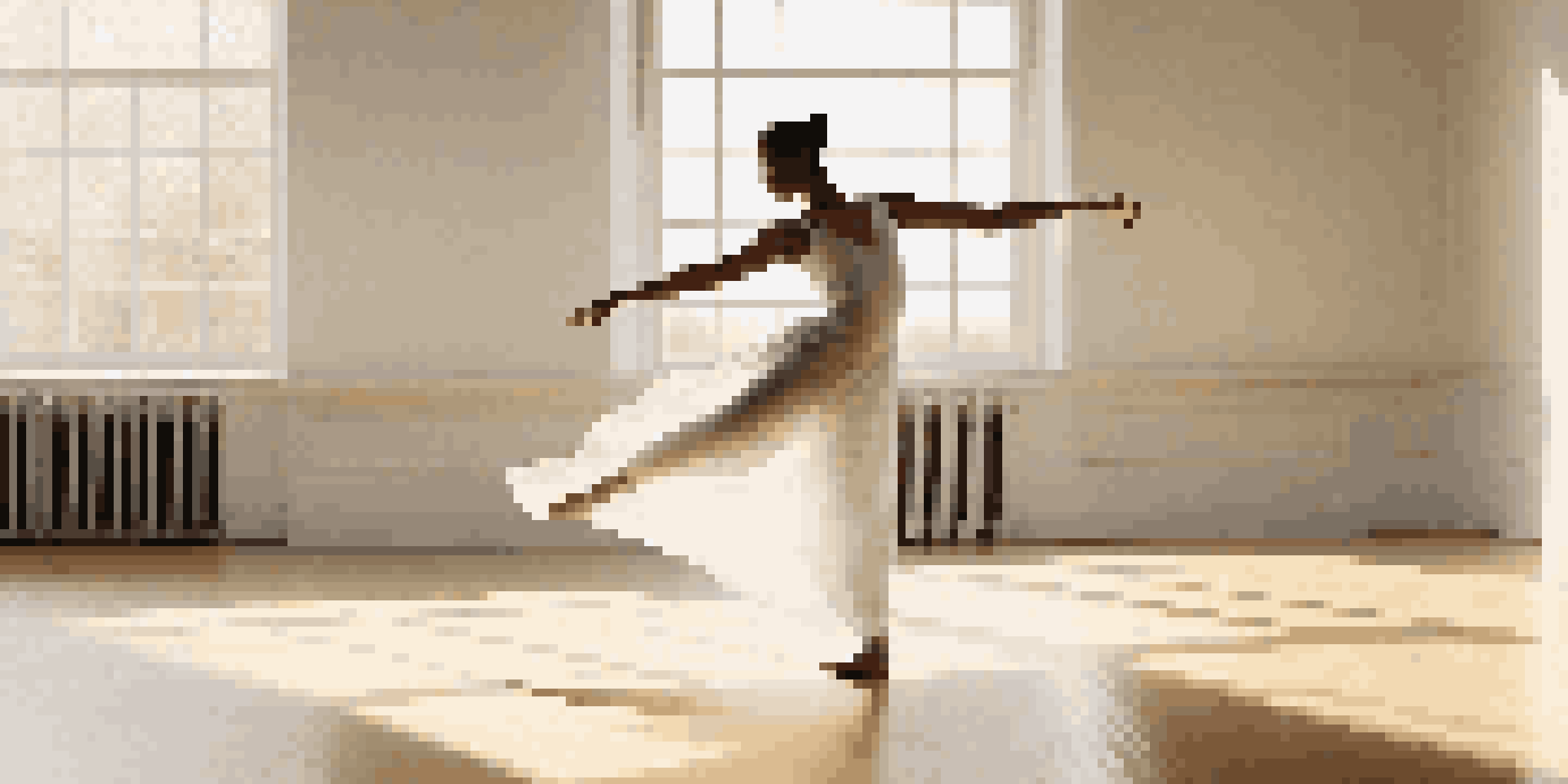 A dancer practicing Labanotation in a sunlit studio with large windows and wooden floors.