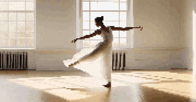 A dancer practicing Labanotation in a sunlit studio with large windows and wooden floors.