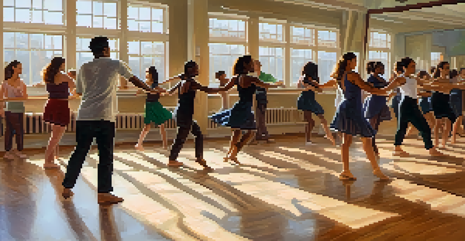 Inside a dance studio, students of different backgrounds learn from an instructor demonstrating traditional dance moves in a warm and inviting atmosphere.